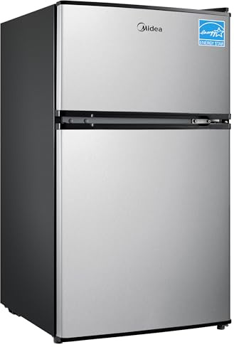 Midea WHD-113FSS1 Double Door Mini Fridge with Freezer for Bedroom Office or Dorm with Adjustable Remove Glass Shelves Compact Refrigerator, 3.1 cu ft, Stainless Steel