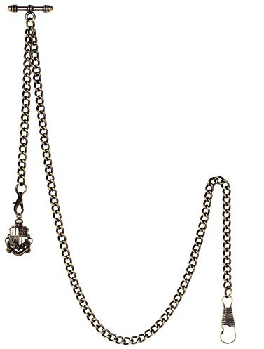 TREEWETO Men's Albert Chain Pocket Watch Curb Link Key Chain 2 Hooks with Antique Shield Bronze Pendant Design Charm Fob T Bar