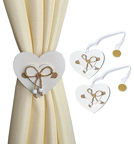GIRASOLE HOME 2 Fermatende Magnetici Bianchi in Legno a Forma di Cuore Stile Shabby Chic 2 Pezzi con Cordino in Organza per Tendine e Tende Leggere (Cuore, Bianco)