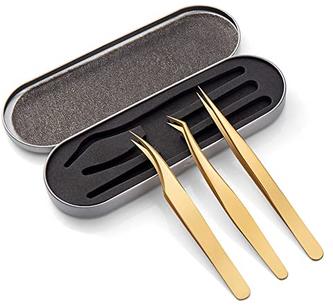 3 Stück Wimpern Pinzette, Pinzette Spitz, Edelstahl Pinzette mit Box, Professionelle Wimpernpinzette aus Edelstahl, Pinzette Wimpernverlängerung für Volumenwimpern, falsche Wimpern