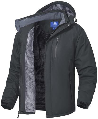SPOSULEI Herren Winter Fleecejacke Warme Verdickt Gefüttert Skijacke Outdoor Winddicht Wasserdicht Jacke mit Abnehmbarer Kapuze für Wandern Dunkelgrau 3XL