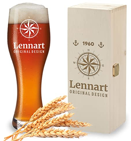 polar-effekt Weizenbierglas + Holzkiste mit Wunschgravur - Motiv: Kompass - personalisiert - 1x Holzbox - 1x Weißbierglas 500 ml - Echtholz - Weißbier, Craft-Beer - Geburtstag, Weihnachten, Vatertag