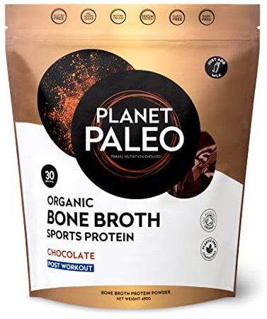 Planet Paleo Organic Bone Broth Sports Protein Powder (480g, 30 Servings) Chocolate, Grass-Fed, Collagen, High Protein Post-Workout Recovery Drink