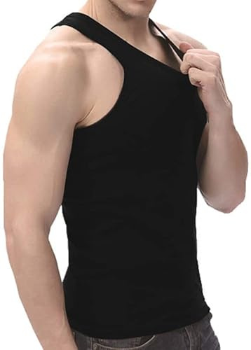 Men's Singlet Classic 100% Cotton Sleeveless Vests Bodybuilding Training Gym Athletic Wear Solid Colour Stylish Fitted Tank Top Easy Fit Super Soft (Medium- Black)