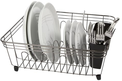 Oggi Compact Dish Drying Rack - Black Steel Drainer, Racks for Kitchen Counter, Durable Coated Steel Kitchen Dryer with Cutlery Holder