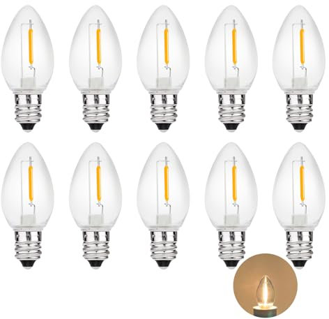 MZYOYO C7 E12 LED Glühbirne,Kunststoff LED Glühbirnen Außen,2700K Warmweiß,C7 E12 Ersatzbirnen für Lichterkette,Nachtlicht Tischlampen Salzlampen Weihnachtshäuser,AC230V,0,8W Ersatz 5 Watt,10 Stück