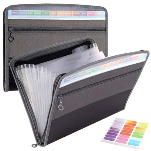 DITK-U 13 Pockets Expanding File Folder A4 Document Wallet Organizer with Zipper and Labels Portable Filing Box for Travel School Office Home - Black