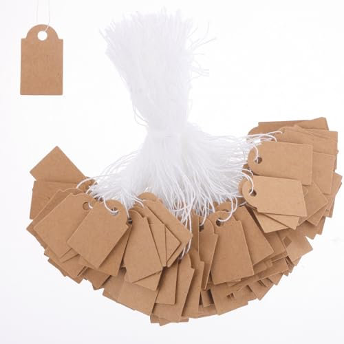 JIYIN 500 Stück Anhänger Etiketten, 2,5 x 1,5 cm Preisschilder Etiketten Kraftpapier Preisschilder Anhänger Preisschilder zum Beschriften für Flohmarkt Schmuck Geschenk Hang Tags(Braun)