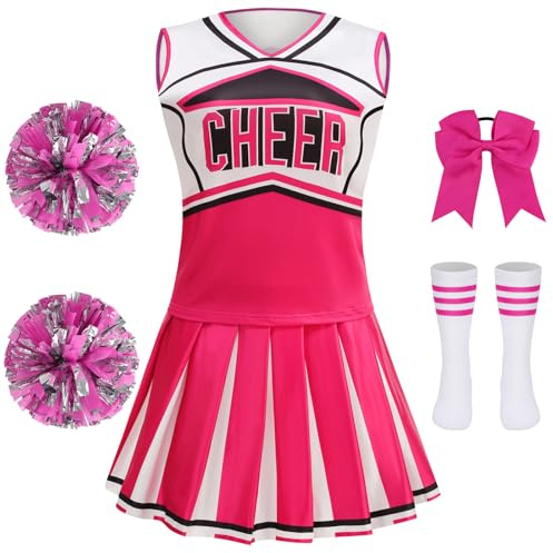 GRAJTCIN Cheerleader Outfit for Girls Cheer Uniform Cheerleading Costume Halloween Christmas Dress for 6-7 Years (130, Rose Red)