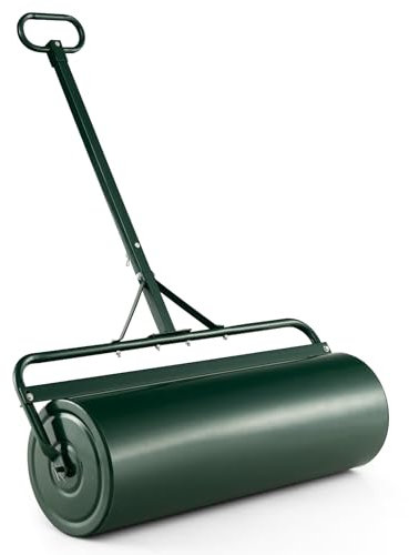 SOARS Rouleau à Gazon 63L, Grand Rouleau 90 X 30 CM, Rempli de Sable/Eau, Cadre Métallique avec Poignée en U & Bouchon de Vidange Amovible, Outillage de Jardin pour Cour, Prairie, Ferme (Vert-63L)