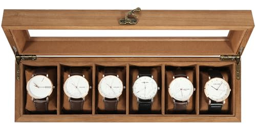 Uten Caja de Relojes con 6 Compartimentos, Caja para Reloje Madera, Tapa de Vidrio y Almohada Algodón Seda, Forro Marrón, para Exhibición y Almacenamiento de Relojes Joyería, Regalo Ideal