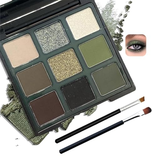 Green Cat Eye Eyeshadow Palette, 9 Colors Matte & Glitter, Highly Pigmented, Easy to Apply, Long-Lasting & Waterproof, Natural Nude Brown & Black Shades, Professional Eye Shadow Pallet with Brushes