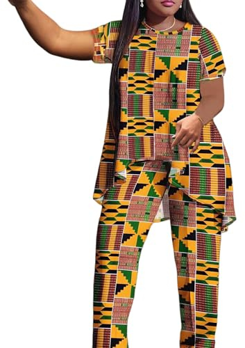 MHJHBBE African Print 2PC Set Short Sleeve Top with Wide Leg Pants Traditional Kente Pattern Plus Size Lounge sets for Women