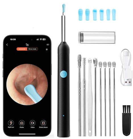 Lvozize Otoscope Oreille, 1080P HD IP67 Nettoyeur Oreilles Adulte endoscope auriculaire 3,5 mm 6 Lumières LED et grand angle 360° Nettoyant Oreille Kit pour WiFi, Android, iOS