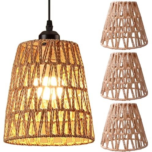 Lot de 3 abat-jours en rotin style bohème - Petit modèle E27 - Tressé à la main - Plafonnier pour salon, salle à manger, café - Panier vintage - Abat-jour de rechange