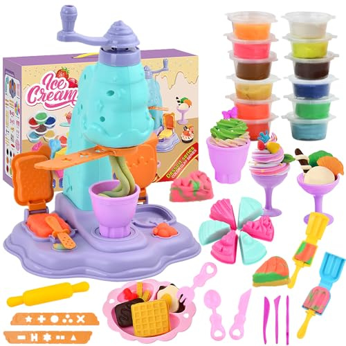 Pate a Modeler Kit, 12 Pots de Pate a Modeler avec Machine a Creme Glacee et Accessoires, Jouet Cadeau pour Enfants 3 4 5 6 Ans, Set de Modelage Creatif
