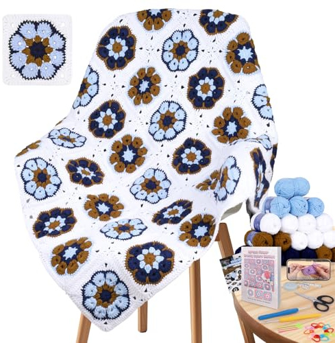 Coopay Juego de Ganchillo para Principiantes, Juego de Ganchillos para Manta Flore África Granny Square, Kit Crochet para Granny Square, Crochet Kit con Hilo, Ganchillos, Instrucciones Paso a Paso