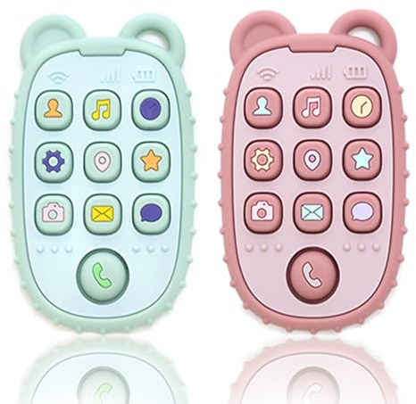 Veroa 2 Pack Silicone Teething Toys for Baby - Cute Phone Baby Teething Toy for Babies 3-12 Months - Bpa-Free Teether Baby Chew Toys - Easy to Grip,Pink/Green