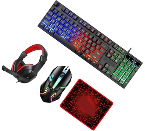 HONMEET Juego de Teclado y Ratón Cable para Juegos de PC Luz LED y Alfombrilla de Ratón Combo Compacto para Oficina y Gaming Accesorio Esencial para Ordenador