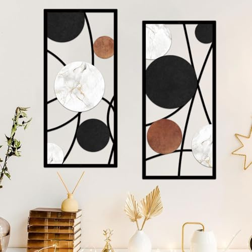 ruelen 2 Pieces Metal Wall Art,Abstract Geometric Circle Decor with Marble Texture, Modern Minimalist Black White Brown Wall Sculpture for Living Room,Bedroom,Office