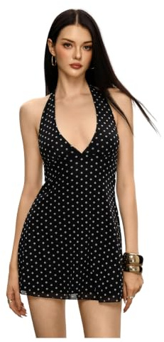 GORGLITTER Women's Polka Dots Halter Neck Mini Dress Backless Summer Dress | Festival, Going Out, Skater, A Line, Retro, Fit and Flare Dresses for Women Uk, V Neck, Party Dresses
