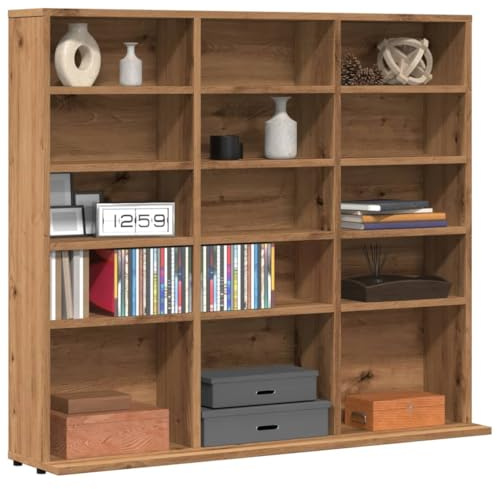 QUAHEAS CD-hylla artisan-ek 100 x 23 x 89,5 cm, trämaterial med gott om förvaringsutrymme, öppen hylla för vardagsrum och sovrum, mångsidig mediemöbler för CD, DVD, filer och tillbehör
