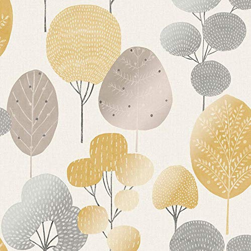 Scandi Forest Tree Metallic Wallpaper Woodland Leaf Yellow Grey Shimmer Y�L