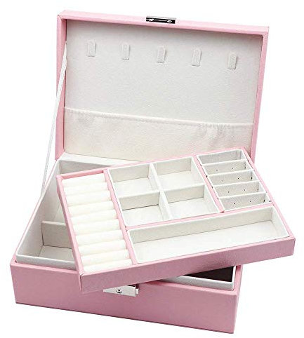 Homeanda Boîtes à bijoux Boîte à bijoux 2 couches Boîtes à bijoux en cuir pour femmes Filles Adolescents Boîte de rangement pour bijoux Boîte de rangement pour bijoux avec serrure (Rose)