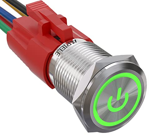 APIELE 16 mm låsning, tryckbrytare 12 VDC 5A, rostfritt stål med LED-effektsymbol vattentät spärr tryckknappsbrytare med förkopplad kontakt, bil RV lastbil båt på/av-knapp strömbrytare (grön)