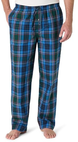 Amazon Essentials Pantalones de Pijama de Popelina de Algodón de Corte Recto con Cintura Elástica con Cordón Hombre, Azul Verde Cuadros Grandes, M