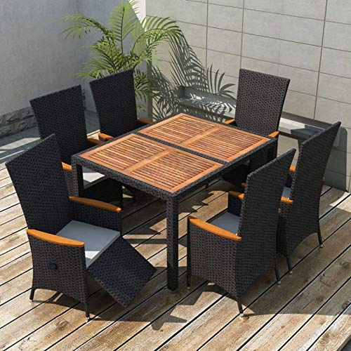 Tidyard 7-TLG. Matgrupp för trädgård, utemöbler set 6 personer, bord med träbordsskiva och 6 högryggstöd trädgårdsstolar med sittdyna, trädgårdsmöbelset, sittgrupp poly rotting, svart