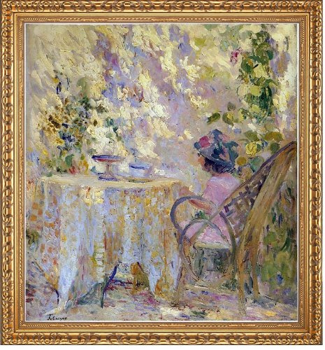 Art Oyster Henri Lebasque Young Girls by the Trellis - 20 x 20 Premium Canvas Print with Antique Gold Finish Frame