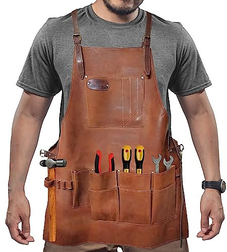 DarkRabbit 8-Pocket Leather Tool Woodworking Apron, Carpenter Apron for Welding, Blacksmith BBQ Apron | Heat & Flame Resistant | Get Your Name on It For Free