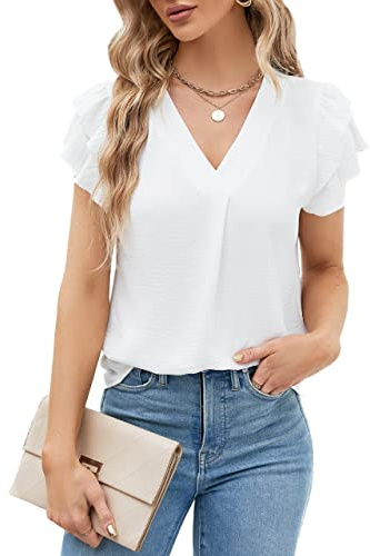 Blooming Jelly Womens Dressy Casual Shirts Short Sleeve V Neck Work Blouse Business Casual Summer Tops 2026(Medium, White)