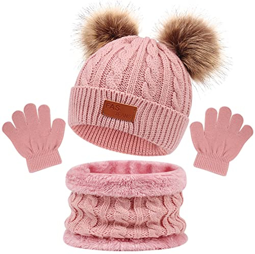 3 Pezzi Bambini Berretto Sciarpa Inverno e Guanti Set,Cappello con Pompom a Maglia Termico e Scaldacollo con Fodera in Pile a Doppio Strato per Ragazzi 2-6 Anni (Rosa)