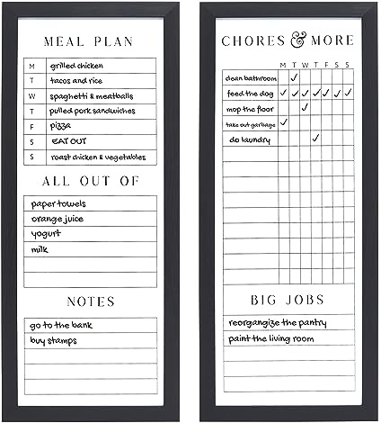 Sheffield Home Set of Two Family Planner Dry Erase Boards Featuring, Chore Chart, Shopping List, Weekly Meal Planner and Notes, 9x21 Inch, Black