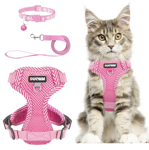 Muecleao Cat Harness and Lead Set, Adjustable Kitten Harness and Lead Set, Cat Harness with Reflective Strips, Escape Proof Cat Vest Harness with Leash Set for Small Medium Cats Dogs Walking (Pink, S)