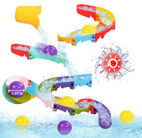 Nuheby Badewannenspielzeug Badespielzeug ab 2 3 4 Jahre DIY Kugelbahn (größere Kugeln) mit Wasserrad Saugnäpfe Badewannenspielzeug Baby Murmelbahn Wasserspielzeug Kinder Badewanne Kinder Baby Geschenk