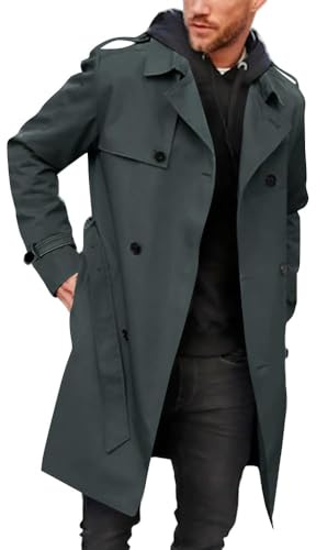 Runcati Abrigo para hombre con doble botonadura, gabardina de manga larga, chaqueta de negocios con solapa y cinturón, gris oscuro, XL
