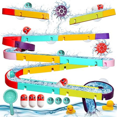 Nearasu Bath Toys for 3 4 5 6 Year Olds, 44Pcs Water Slide Track Ball Game with Suction Cups and Ducks for Bathtub and Shower Wall Kids Children Baby Toddlers, Water Toy Play DIY Educational Bath Toys