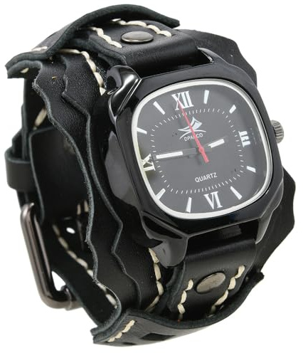 MINILUJIA Handmade Men Watches with Wax Rope Sewn Vintage Punk Hip-Hop Gothic Wide Genuine Soft Leather Cool Cuff Wristwatch Personalized Watch Square Big Dial