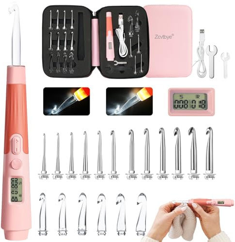 Transplant Juego de agujas de ganchillo 18 en 1 con luz LED con mostrador, llaves y bolsa de almacenamiento, tamaños de 2 a 14 mm, material rosa, plástico y metal, perfecto para principiantes y
