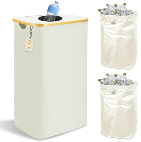MeYuxg raccoglitore differenziata di bottiglie a rendere 100L, contenitore differenziata di bottiglie a rendere, con foro e sacchetti rimovibili, Beige
