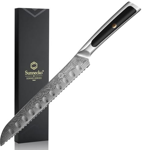 Sunnecko Damascus Bread Knife 8 inch - Serrated Bread Knife for Homemade Bread with 67-Layer VG10 Damascus Steel Blade and Solid Handle Bread Cake Cutting