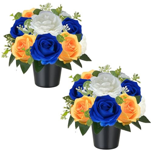 Tosoda 2 Pack Artificial Grave Flowers in Pots Artificial Roses Arrangements for Cemetery Blue Yellow Red Purple Colors Roses Arrangements for Choose