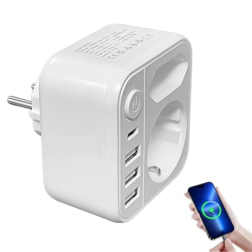 6-in-1 Mehrfachsteckdose mit 4 USB,2 Steckdosen (3680W/16A),Doppelstecker für Steckdose Mehrfachstecker mit Schalter für Zuhause Büro Reisen Kompakter Steckdosenadapter Anschlüssen