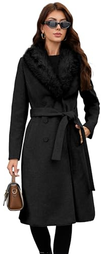 PAPILLON D'OR Women's Long Wool Coat - Double-Breasted Belted Trench with Detachable Faux Fur Collar (Black, S)