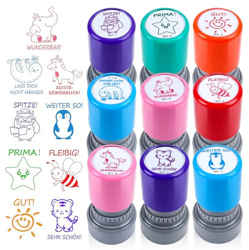 Kuvarix Selbstfärbende Lehrer Stempel, 9 Stück Lob Ermutigung Kinder Stempel, Lehrer Bewertung Belohnung Motivation Briefmarken, Lehrer Geschenk, Deutsch Siegel für Kinder, Bildung, Lehrer