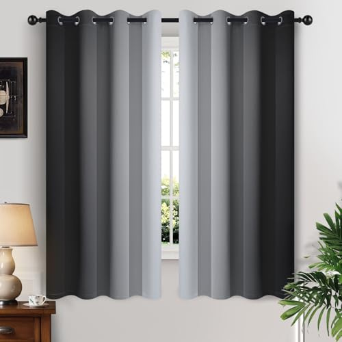 Yakamok Greyish White and Black Ombre Curtains for Bedroom, Light Blocking Gradient Color Drapes, Room Darkening Thermal Insulated Grommet Window Curtain for Living Room(Black, 52x63 Inch, 2 Panels)