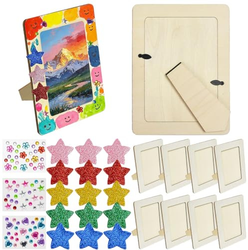 ASOUUNLD 8 Piezas Marco de Fotos de Madera para Pintar, 19x14 cm Marcos de Fotos para Niños con Pegatinas de Purpurina y Rotuladores de Colores para Cumpleaños Infantiles, Manualidades